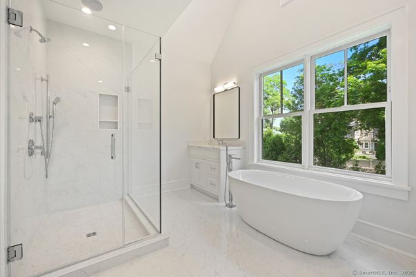 Bathroom, Free Standing Baths, Glass Shower, Interior, Marble, Marble Walls, Recessed Lighting
