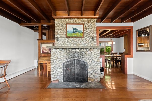 Dining room, Fireplace, Interior, Stone Walls, Wooden Beams, Wooden Ceilings, Wood Texture Flooring