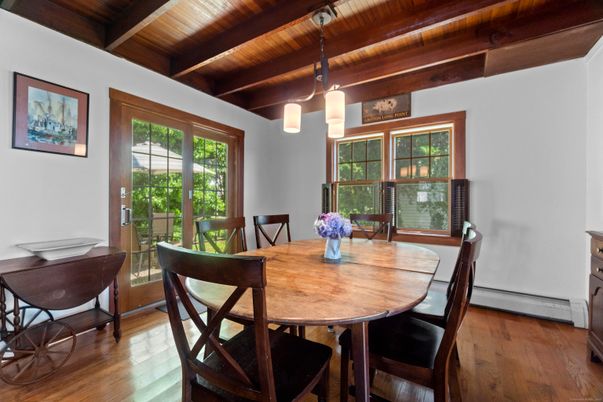 Dining room, Interior, Pendant Lights, Wooden Beams, Wooden Ceilings, Wood Texture Flooring