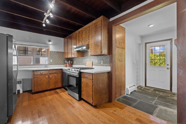 Interior, Kitchen, Recessed Lighting, Wooden Ceilings, Wood Texture Flooring
