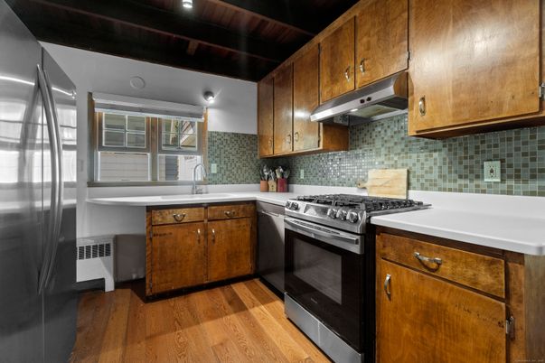 Interior, Kitchen, Recessed Lighting, Stainless Steel Appliances, Wood Texture Flooring