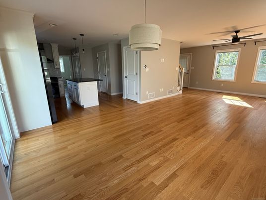 Empty room, Interior, Kitchen, Pendant Lights, Wood Texture Flooring