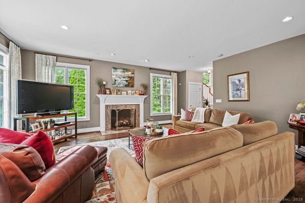 Fireplace, Interior, Living room, Recessed Lighting, Wood Texture Flooring