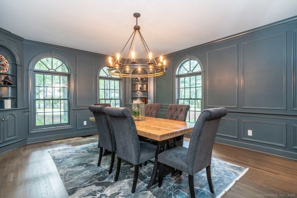 Chandelier, Dining room, Interior, Wood Texture Flooring