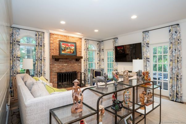 Fireplace, Home Office, Interior, Living room, Recessed Lighting, Stone Walls