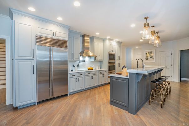 Interior, Kitchen, Pendant Lights, Recessed Lighting, Stainless Steel Appliances, Wood Texture Flooring