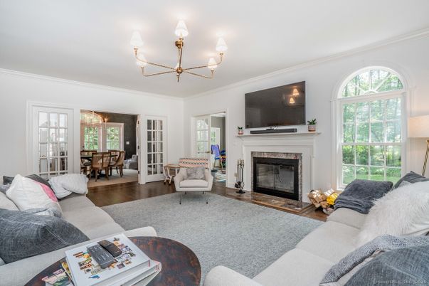 Chandelier, Dining room, Fireplace, Interior, Living room, Wood Texture Flooring
