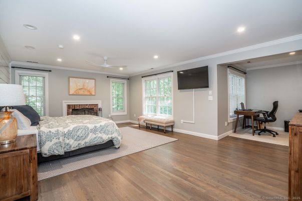 Bedroom, Fireplace, Home Office, Interior, Recessed Lighting, Wood Texture Flooring