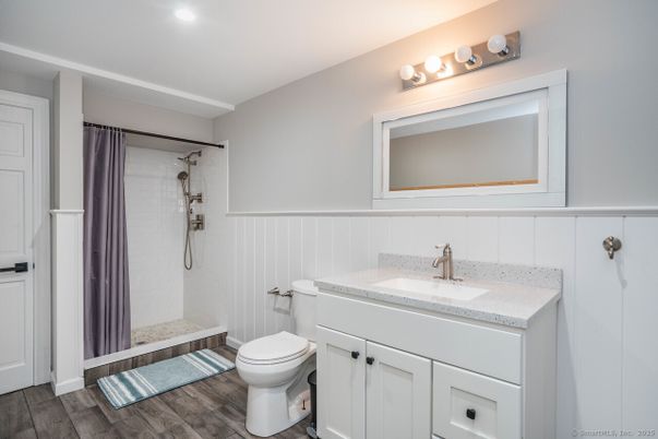 Bathroom, Interior, Recessed Lighting, Wood Texture Flooring