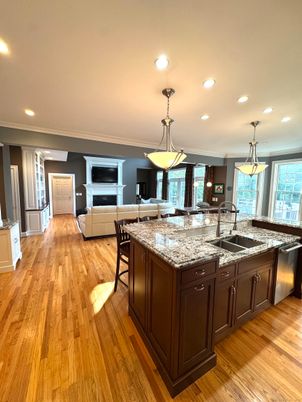 Fireplace, Interior, Kitchen, Living room, Pendant Lights, Recessed Lighting, Wood Texture Flooring