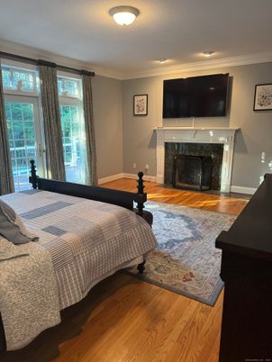 Bedroom, Fireplace, Interior, Wood Texture Flooring