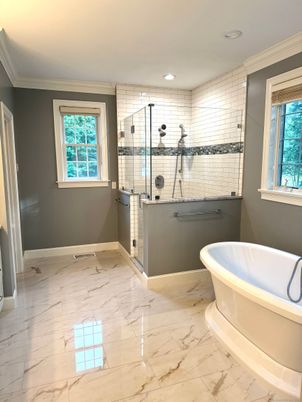 Bathroom, Free Standing Baths, Glass Shower, Interior, Marble, Recessed Lighting