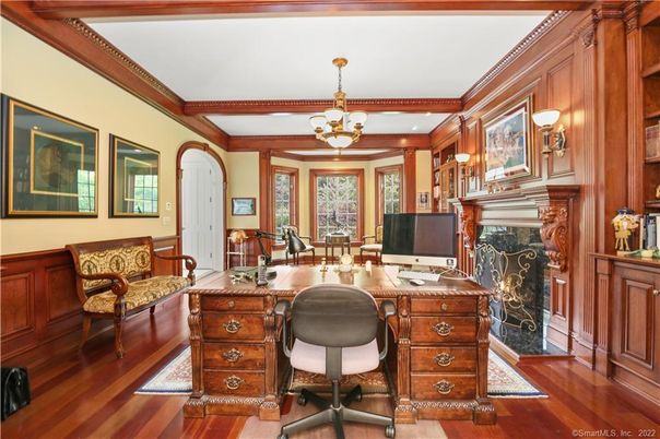 Chandelier, Fireplace, Home Office, Interior, Recessed Lighting, Wood Texture Flooring