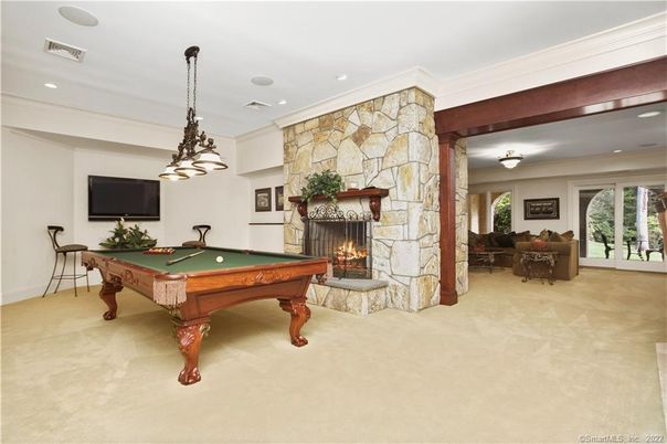 Billiard Table, Fireplace, Game Room, Interior, Pendant Lights, Recessed Lighting, Stone Walls
