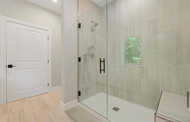 Bathroom, Glass Shower, Interior, Recessed Lighting, Wood Texture Flooring