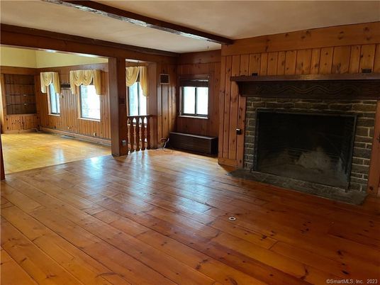 Empty room, Fireplace, Interior, Wooden Beams, Wood Texture Flooring, Wooden Walls