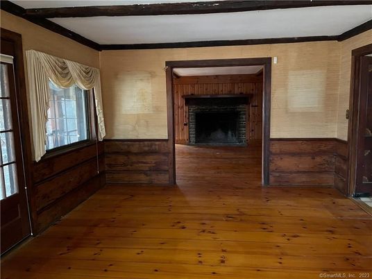 Empty room, Fireplace, Interior, Wood Texture Flooring, Wooden Walls