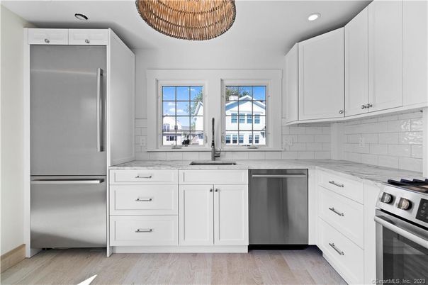 Interior, Kitchen, Recessed Lighting, Stainless Steel Appliances, Wood Texture Flooring