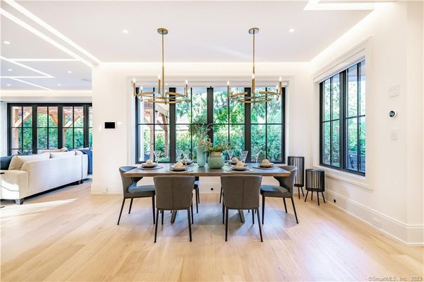 Dining room, Interior, Living room, Pendant Lights, Recessed Lighting, Wood Texture Flooring