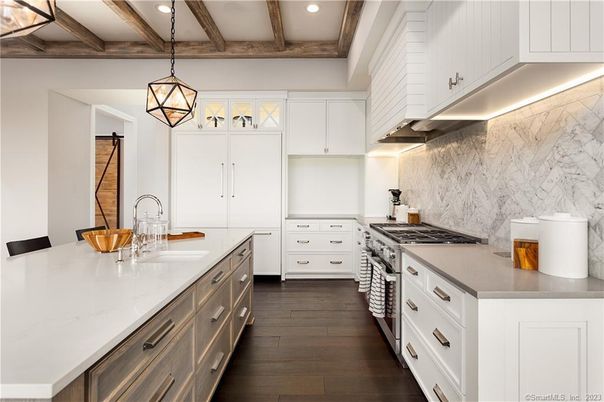 Interior, Kitchen, Pendant Lights, Recessed Lighting, Stainless Steel Appliances, Wooden Beams, Wood Texture Flooring