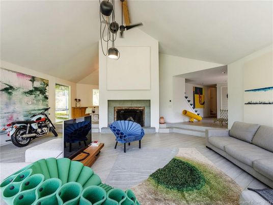 Fireplace, Interior, Living room, Pendant Lights, Wood Texture Flooring