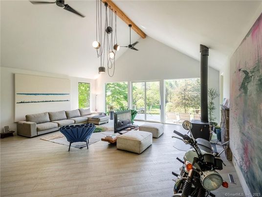Fireplace, Interior, Living room, Pendant Lights, Wooden Beams, Wood Texture Flooring