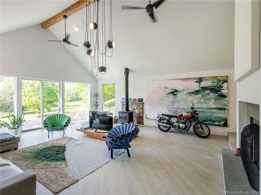 Fireplace, Interior, Pendant Lights, Wooden Beams, Wood Texture Flooring