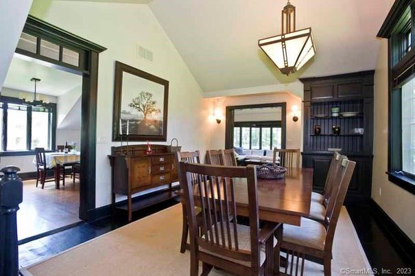 Dining room, Interior, Pendant Lights, Wood Texture Flooring