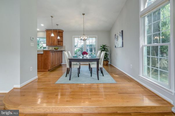 Dining room, Interior, Pendant Lights, Recessed Lighting, Wood Texture Flooring