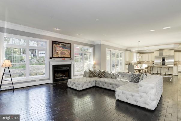 Dining room, Fireplace, Interior, Kitchen, Living room, Pendant Lights, Recessed Lighting, Stainless Steel Appliances, Wood Texture Flooring