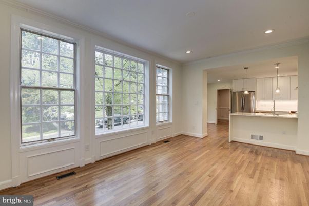 Empty room, Interior, Kitchen, Pendant Lights, Recessed Lighting, Wood Texture Flooring
