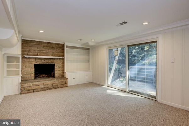 Empty room, Fireplace, Interior, Recessed Lighting, Stone Walls