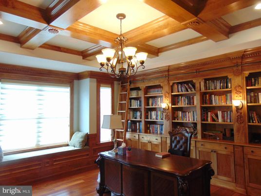 Chandelier, Home Office, Interior, Wooden Beams, Wood Texture Flooring