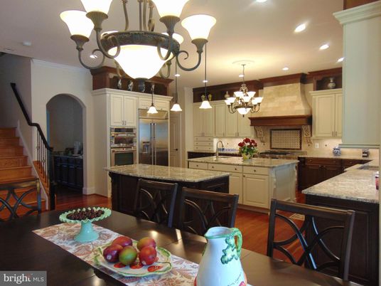 Chandelier, Interior, Kitchen, Recessed Lighting, Stainless Steel Appliances, Wood Texture Flooring