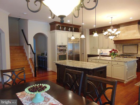 Chandelier, Interior, Kitchen, Pendant Lights, Recessed Lighting, Stainless Steel Appliances, Wood Texture Flooring