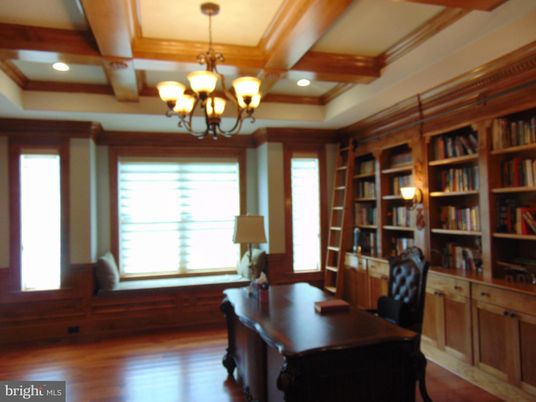 Chandelier, Home Office, Interior, Recessed Lighting, Wooden Beams, Wood Texture Flooring
