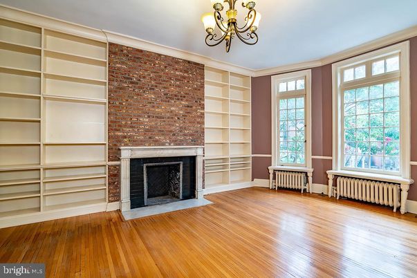 Chandelier, Empty room, Fireplace, Interior, Stone Walls, Wood Texture Flooring