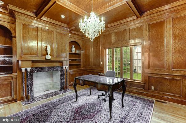 Chandelier, Fireplace, Home Office, Interior, Recessed Lighting, Wooden Beams, Wooden Ceilings, Wood Texture Flooring, Wooden Walls