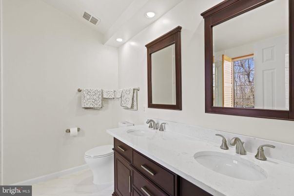 Bathroom, Dual Sink Vanities, Interior, Marble, Recessed Lighting