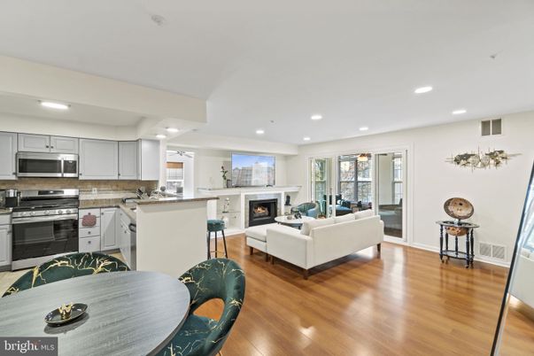 Fireplace, Interior, Kitchen, Living room, Recessed Lighting, Stainless Steel Appliances, Wood Texture Flooring