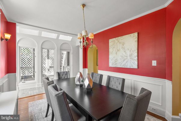 Dining room, Interior, Pendant Lights, Wood Texture Flooring