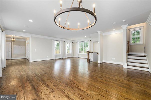 Chandelier, Empty room, Interior, Pendant Lights, Recessed Lighting, Wood Texture Flooring