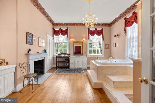 Bathroom, Chandelier, Fireplace, Interior, Wood Texture Flooring