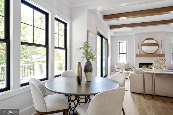Dining room, Fireplace, Interior, Living room, Recessed Lighting, Wooden Beams, Wood Texture Flooring