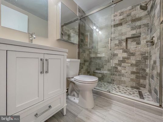 Bathroom, Glass Shower, Interior, Wood Texture Flooring