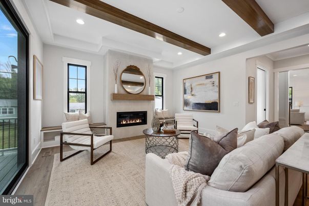 Fireplace, Interior, Living room, Recessed Lighting, Wooden Beams, Wood Texture Flooring