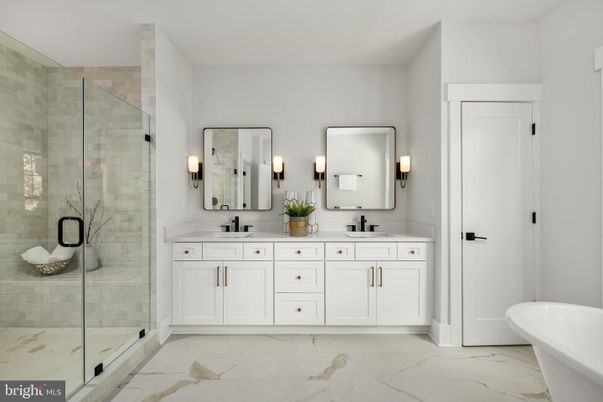 Bathroom, Dual Sink Vanities, Glass Shower, Interior, Marble