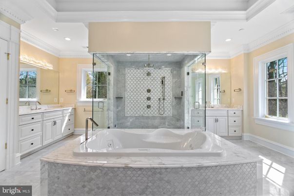 Bathroom, Dual Sink Vanities, Glass Shower, Interior, Marble, Recessed Lighting