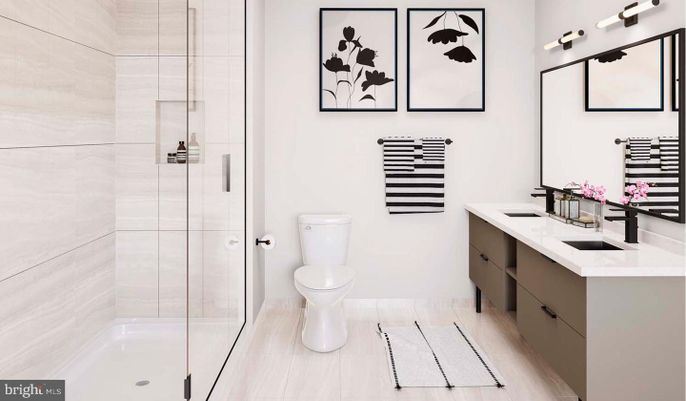 Bathroom, Dual Sink Vanities, Glass Shower, Interior, Wood Texture Flooring