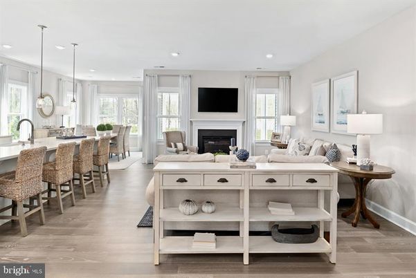 Dining room, Fireplace, Interior, Kitchen, Living room, Pendant Lights, Recessed Lighting, Wood Texture Flooring